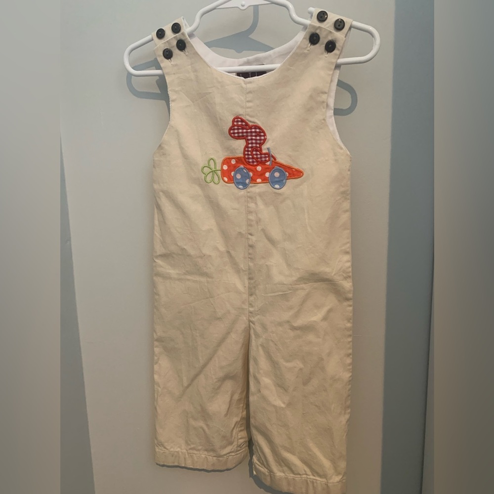 Gently used off-white long overalls with adorable, bunny appliqué